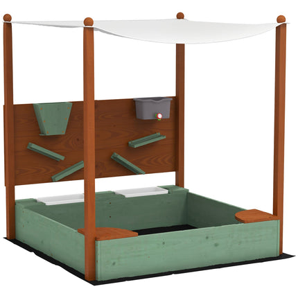 Sandlåda med tak, 116 x 112,5 cm träsandlåda med sits, 2 behållare, sand- och vattenleksaker, hink med kran för 3-6 år barn grön Aosom