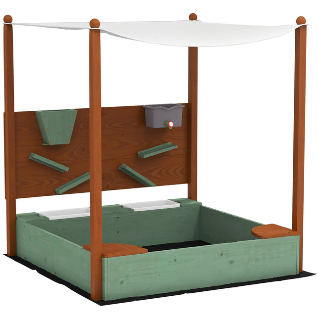 Sandlåda med tak, 116 x 112,5 cm träsandlåda med sits, 2 behållare, sand- och vattenleksaker, hink med kran för 3-6 år barn grön Aosom