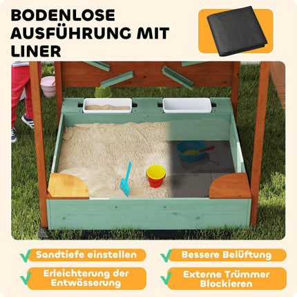 Sandlåda med tak, 116 x 112,5 cm träsandlåda med sits, 2 behållare, sand- och vattenleksaker, hink med kran för 3-6 år barn grön Aosom