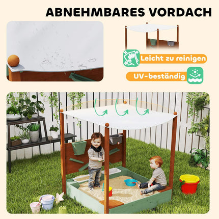 Sandlåda med tak, 116 x 112,5 cm träsandlåda med sits, 2 behållare, sand- och vattenleksaker, hink med kran för 3-6 år barn grön Aosom