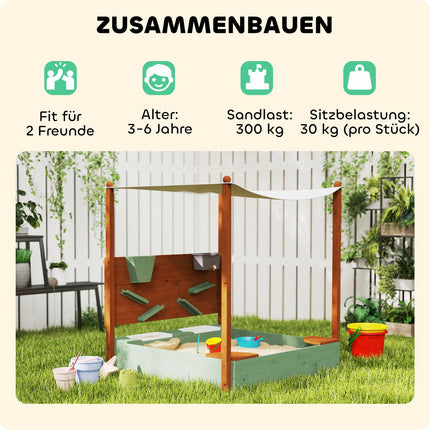 Sandlåda med tak, 116 x 112,5 cm träsandlåda med sits, 2 behållare, sand- och vattenleksaker, hink med kran för 3-6 år barn grön Aosom