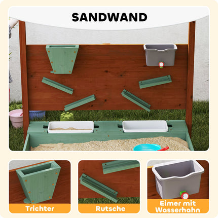 Sandlåda med tak, 116 x 112,5 cm träsandlåda med sits, 2 behållare, sand- och vattenleksaker, hink med kran för 3-6 år barn grön Aosom