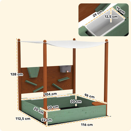 Sandlåda med tak, 116 x 112,5 cm träsandlåda med sits, 2 behållare, sand- och vattenleksaker, hink med kran för 3-6 år barn grön Aosom