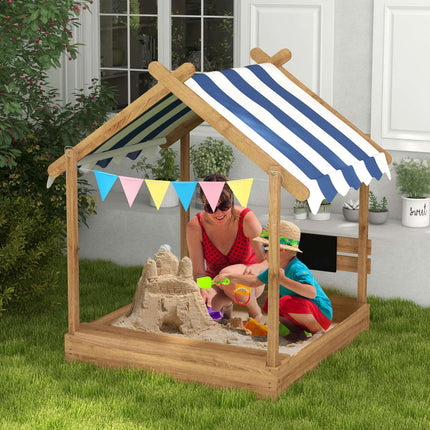 Sandlåda med tak Träsandlåda med sits och bräda för 3-7 år 124x116x146cm Trädgårdslekstuga Brun