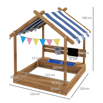Sandlåda med tak Träsandlåda med sits och bräda för 3-7 år 124x116x146cm Trädgårdslekstuga Brun