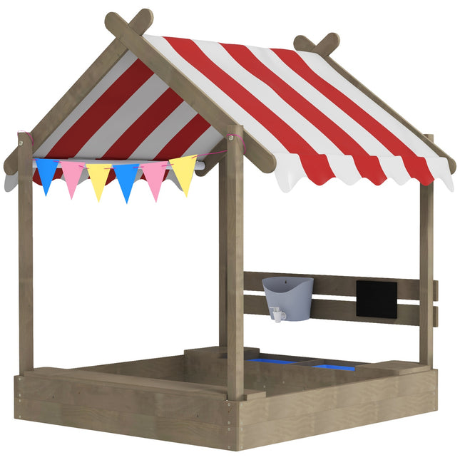 Sandlåda med tak, träsandlåda med sittdel, lekstuga, 124 x 116 x 146 cm sandlåda med bräda för 3-7 år barn, trädgård, grå