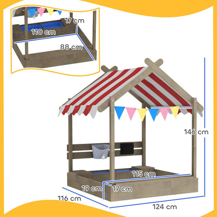 Sandlåda med tak, träsandlåda med sittdel, lekstuga, 124 x 116 x 146 cm sandlåda med bräda för 3-7 år barn, trädgård, grå