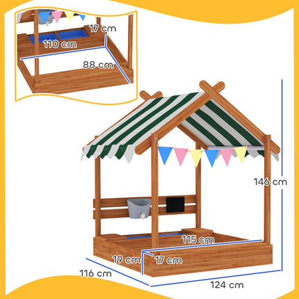 Sandlåda med tak, träsandlåda med sittdel, lekstuga, 124 x 116 x 146 cm sandlåda med bräda för 3-7 år barn, trädgård, orange