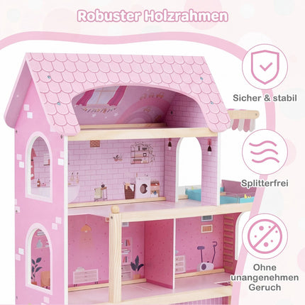 Trädockhus med 33 möbler, balkong och pool