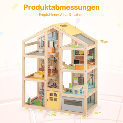 Trädockhus med möbler och figurer, design för flera rum