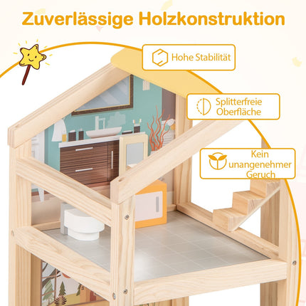 Trädockhus med möbler och figurer, design för flera rum