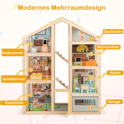 Trädockhus med möbler och figurer, design för flera rum
