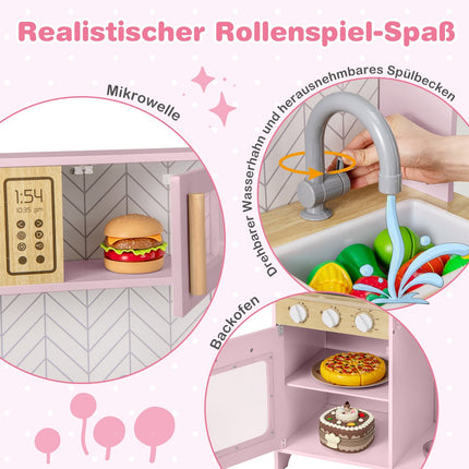 Trälekkök med mikrovågsugn, ugn och diskho – rosa