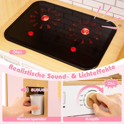 Trälekkök med rottingdörrar, ljus och ljud, rosa