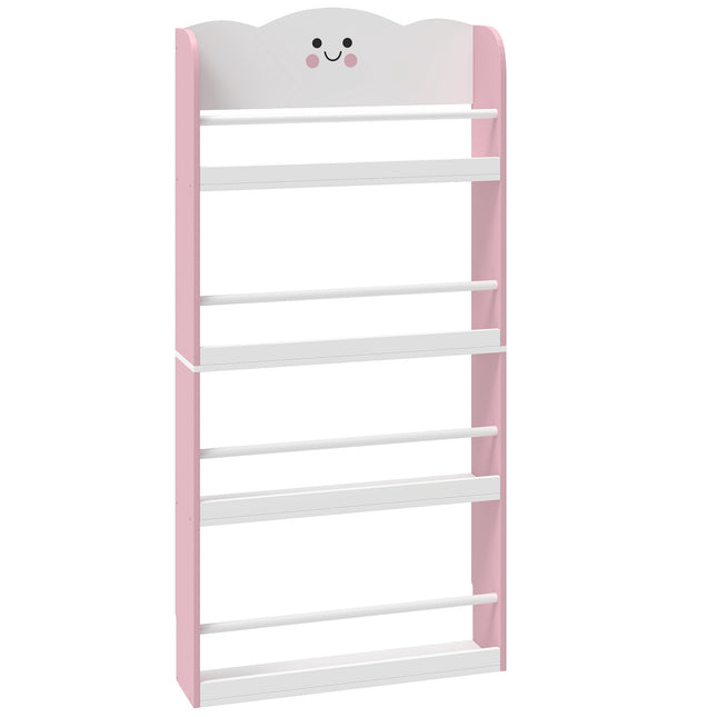 Väggmonterad barnbokhylla, 4 våningar, rosa/vit