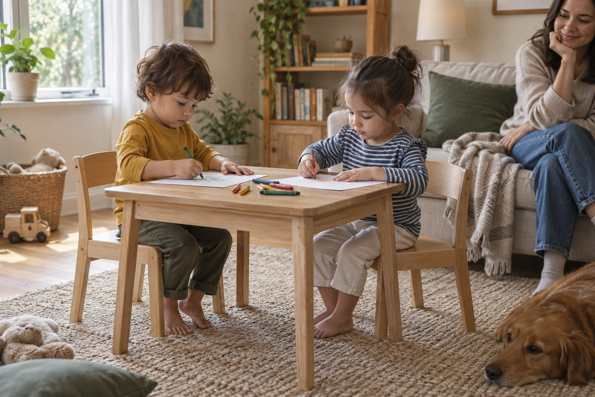 Två barn ritar vid ett lågt bord med små stolar, medan en vuxen sitter i soffan bredvid.